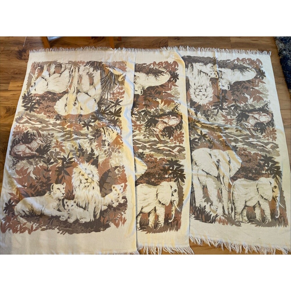 Vintage 1970's Tiger Safari Beach Towel Jungle Lady Pepperell Set Of 3 Elephant